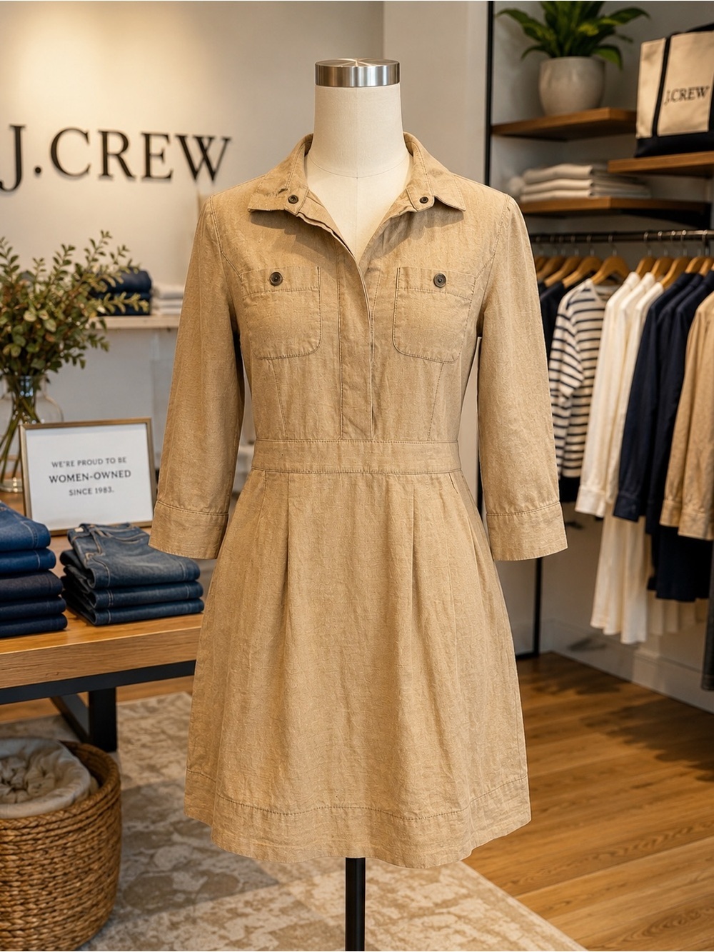 J.Crew Tan Cotton Wool Utility Shirt Dress Size 6 Safari Pockets Career Casual